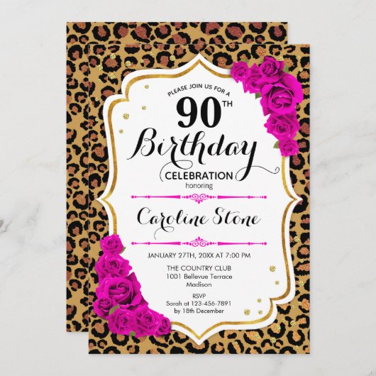 90ste verjaardag - roze gouden luipaard print kaart (Voorkant / Achterkant)