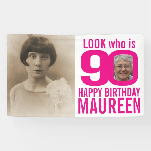 90ste verjaardag roze look 90 aangepaste foto nu d spandoek (Horizontaal)