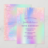 90ste verjaardag roze paarse holografische uitnodi briefkaart (Voorkant / Achterkant)
