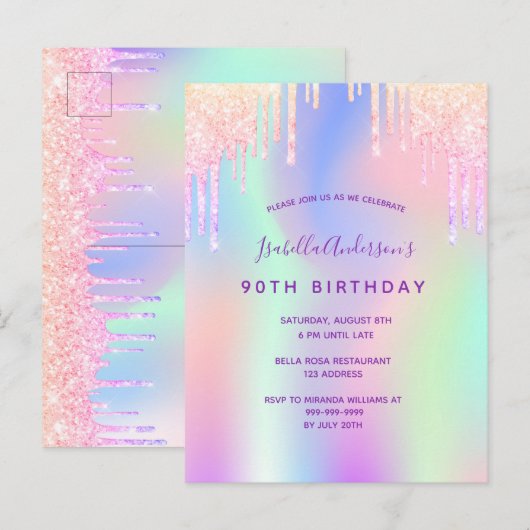 90ste verjaardag roze paarse holografische uitnodi briefkaart (Voorkant / Achterkant)