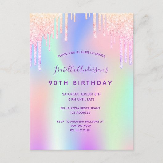 90ste verjaardag roze paarse holografische uitnodi briefkaart (Voorkant)