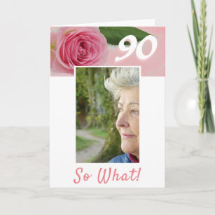 90ste verjaardag roze roos positief foto verjaarda kaart