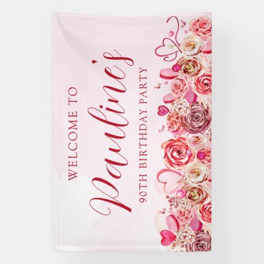 90ste verjaardag roze roos swirly hart welkom spandoek (Verticaal)