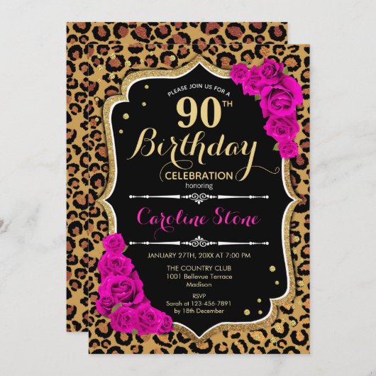 90ste verjaardag - Roze Rozen Luipaard Print Kaart (Voorkant / Achterkant)