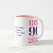 90ste verjaardag roze speciale datum tweekleurige koffiemok (Voorkant rechts)