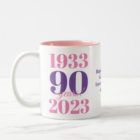90ste verjaardag roze speciale datum tweekleurige koffiemok (Links)