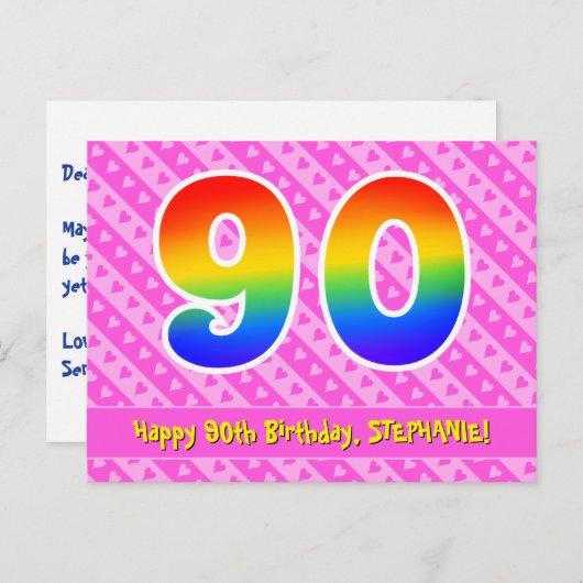 90ste verjaardag: roze strepen en harten, regenboo briefkaart (Voorkant / Achterkant)