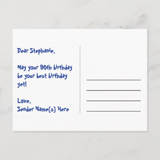 90ste verjaardag: roze strepen en harten, regenboo briefkaart (Achterkant)