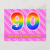 90ste verjaardag: roze strepen en harten, regenboo briefkaart (Voorkant)