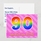 90ste verjaardag: Roze strepen & harten, Regenboog Briefkaart (Voorkant / Achterkant)