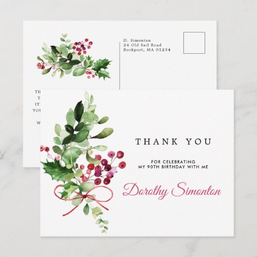 90ste verjaardag Rustieke wintergroen bedankt Briefkaart (Voorkant / Achterkant)