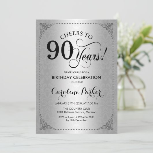 90ste verjaardag - Silver Damask Kaart (Staand voorkant)