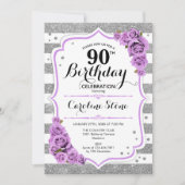 90ste verjaardag - Silver White Stripes Paarse Roz Kaart (Voorkant)