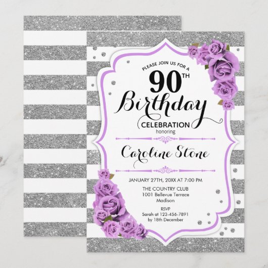 90ste verjaardag - Silver White Stripes Paarse Roz Kaart (Voorkant / Achterkant)