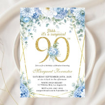 90ste verjaardag Stofblauw bloem goud frame chic
