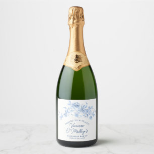 90ste verjaardag Stofblauwe Roos Bloemig Sparkling Wijnetiket