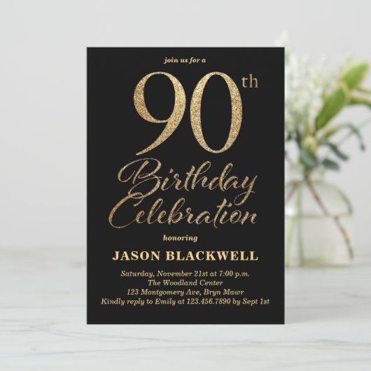 90ste verjaardag viering zwart & goud kaart (Staand voorkant)