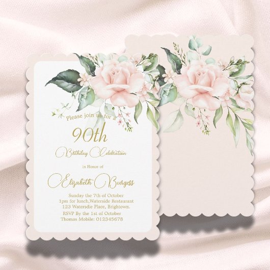 90ste Verjaardag Waterverf Roze Bloemen Elegant Kaart