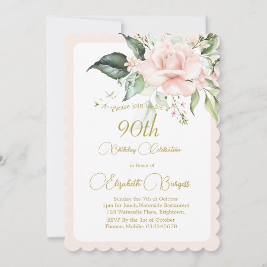 90ste Verjaardag Waterverf Roze Bloemen Elegant Kaart (Voorkant)