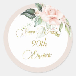 90ste Verjaardag Waterverf Roze Bloemen Elegant Ronde Sticker