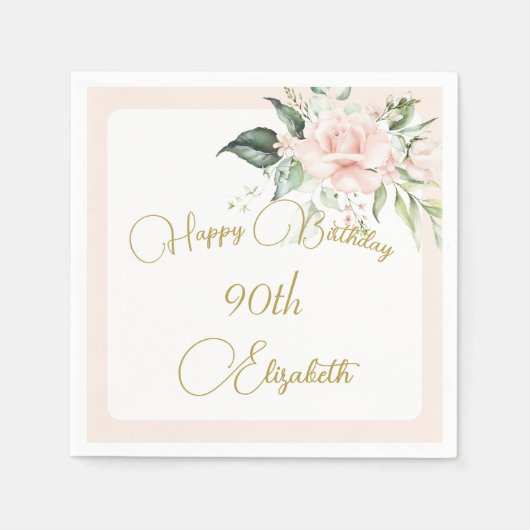 90ste Verjaardag Waterverf Roze Bloemen Elegant Servet (Voorkant)