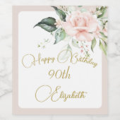90ste Verjaardag Waterverf Roze Bloemen Elegant Wijn Etiket (Enkel label)