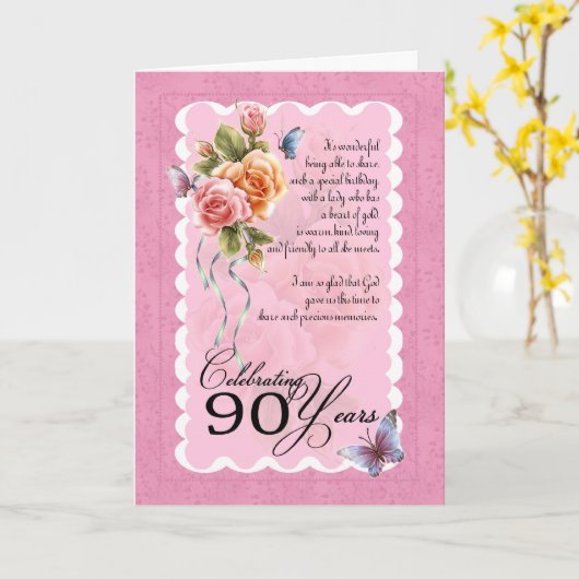 90ste verjaardag wenskaart - rozen en vlinders kaart (Gele Bloem)