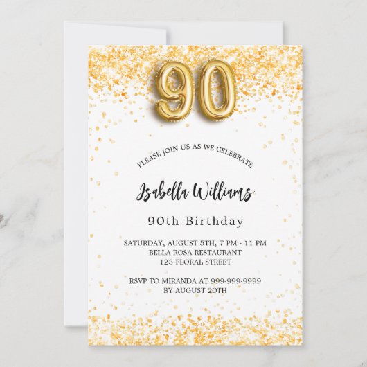 90ste verjaardag wit goud glitters elegant kaart (Voorkant)