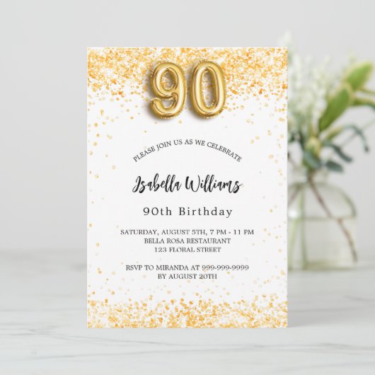 90ste verjaardag wit goud glitters elegant kaart (Staand voorkant)