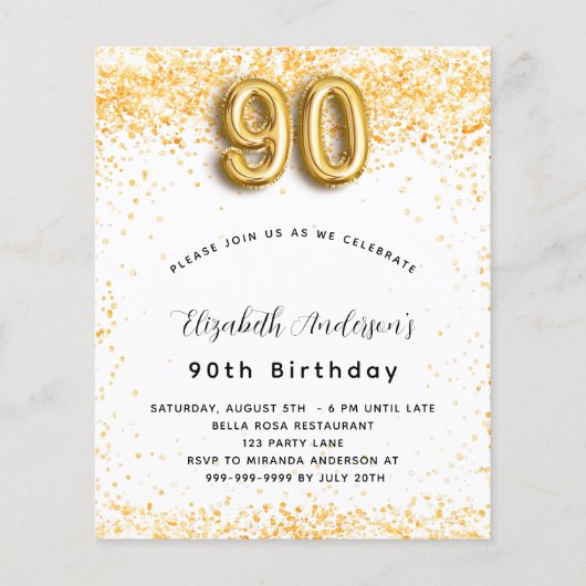 90ste verjaardag witgouden budget uitnodiging flyer (Voorkant)