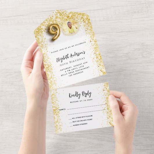 90ste verjaardag witgouden fotofeest RSVP All In One Uitnodiging (Afscheurbaar)