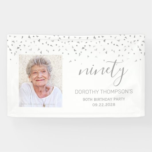 90ste verjaardag Witte Zilveren Confetti Foto Spandoek (Horizontaal)