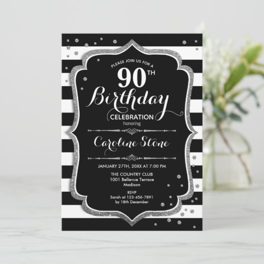 90ste verjaardag - Zilver Zwart Wit Strepen Kaart (Staand voorkant)