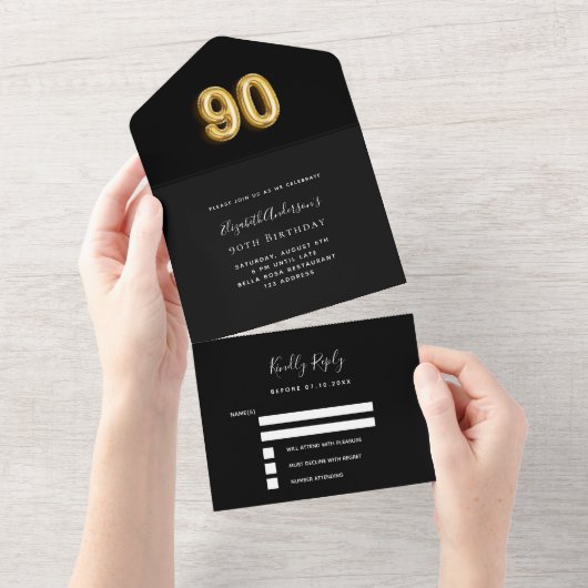 90ste verjaardag zwart goud antwoordkaart all in one uitnodiging (Afscheurbaar)