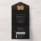 90ste verjaardag zwart goud confetti RSVP All In One Uitnodiging (Binnen)