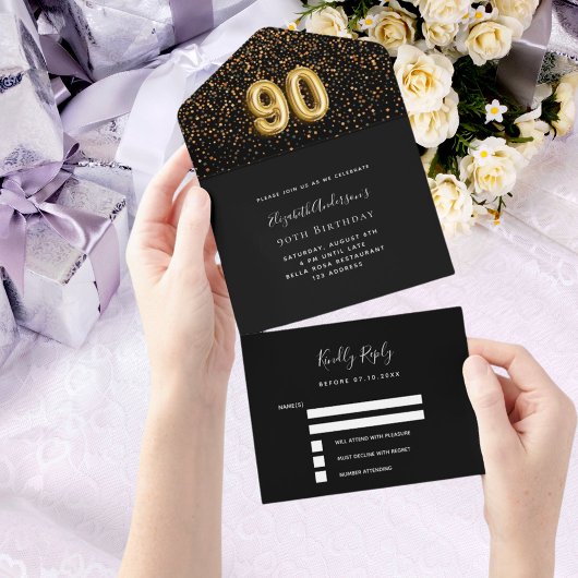 90ste verjaardag zwart goud confetti RSVP All In One Uitnodiging