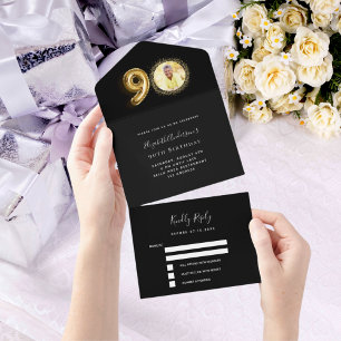 90ste verjaardag zwart goud foto RSVP All In One Uitnodiging