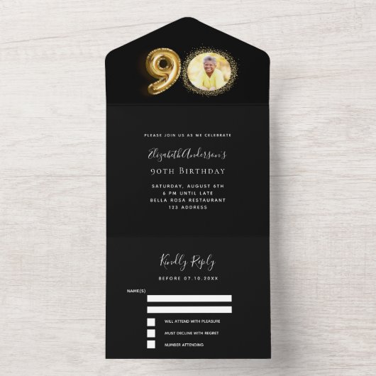 90ste verjaardag zwart goud foto RSVP All In One Uitnodiging (Binnen)