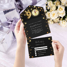 90ste verjaardag zwart goud sterren foto RSVP All In One Uitnodiging