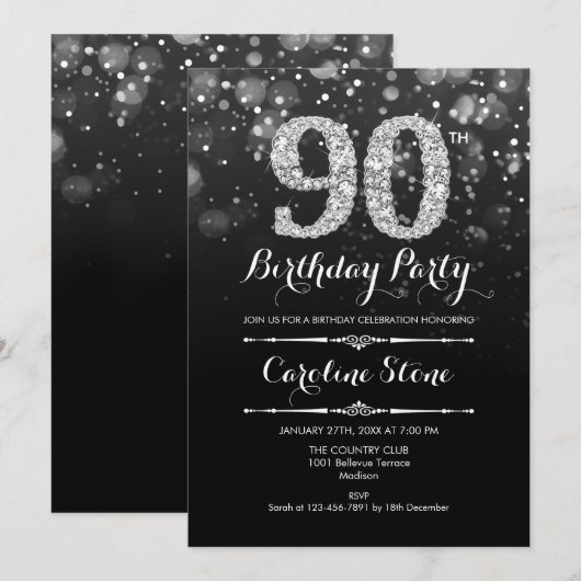 90ste verjaardag - Zwart Zilver Kaart (Voorkant / Achterkant)
