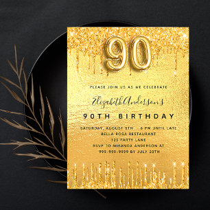 90ste verjaardagsfeest gouden glitters druppels lu kaart