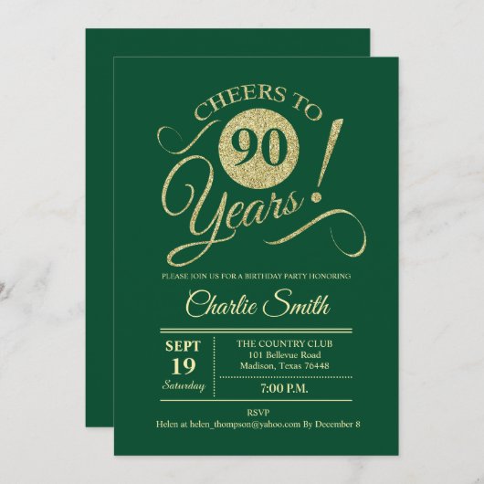 90ste verjaardagsfeest - Groen Goud Kaart (Voorkant / Achterkant)