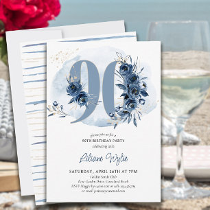 90ste verjaardagsfeest kustblauw bloemmotief numme kaart