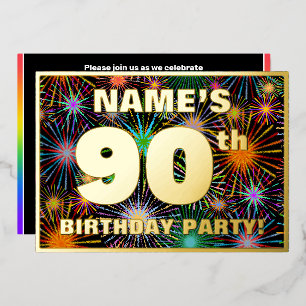 90ste verjaardagsfeest — Pret, Kleurrijke Vuurwerk Folie Uitnodiging
