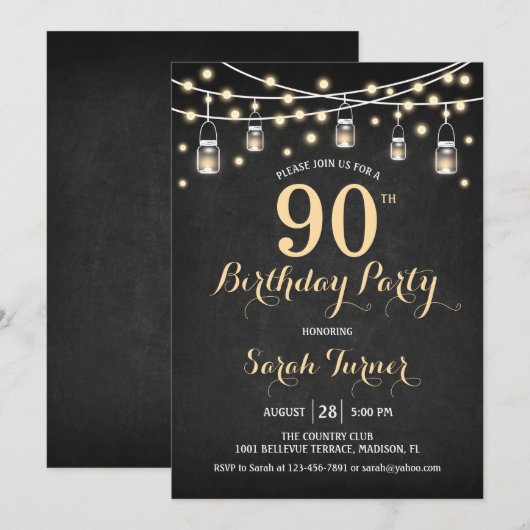 90ste verjaardagsfeestje - Chalkboard Gold Kaart (Voorkant / Achterkant)