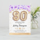 90ste verjaardagsfeestje - gouden ballonnen Paarse Kaart (Staand voorkant)