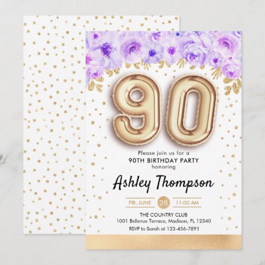 90ste verjaardagsfeestje - gouden ballonnen Paarse Kaart (Voorkant / Achterkant)