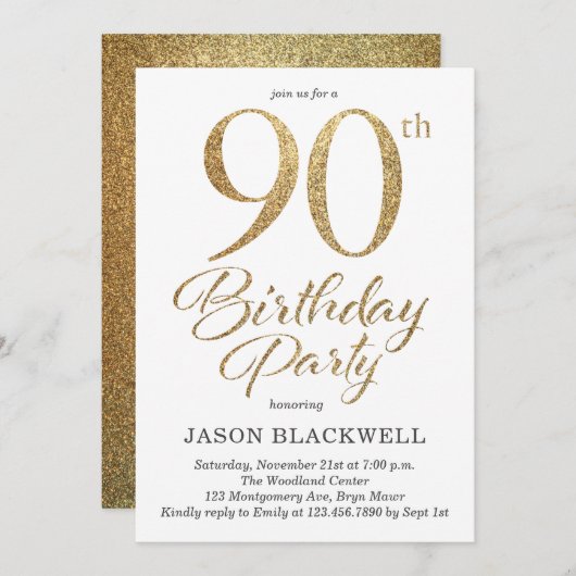 90ste verjaardagsfeestje gouden uitnodiging (Voorkant / Achterkant)