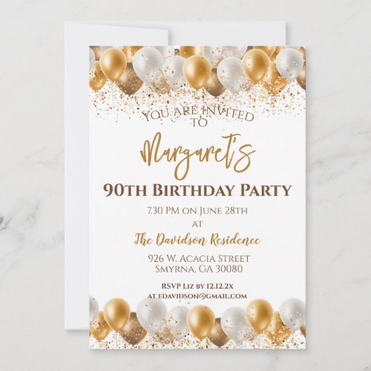 90ste verjaardagsfeestje gouden zilveren ballonnen kaart (Voorkant)