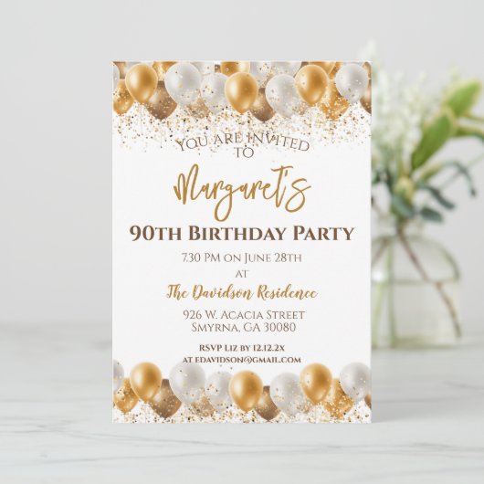 90ste verjaardagsfeestje gouden zilveren ballonnen kaart (Staand voorkant)